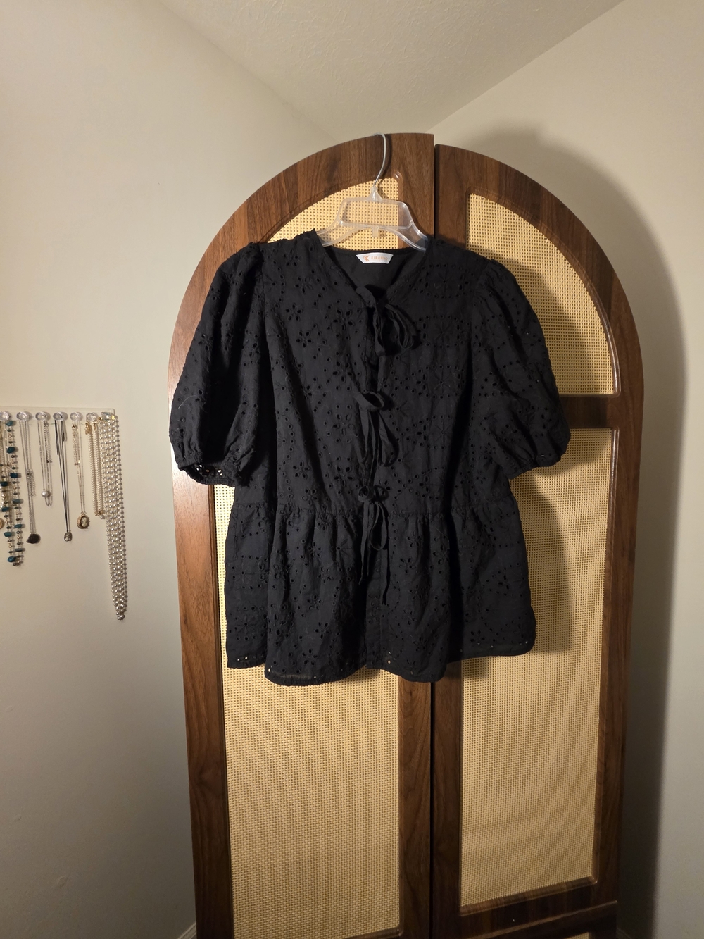 Black Eyelet Peplum Tie-Front Jacket
